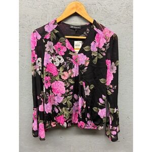 INC International Concepts Blouse Women's S Black Pink Floral Long Sleeve Sheer